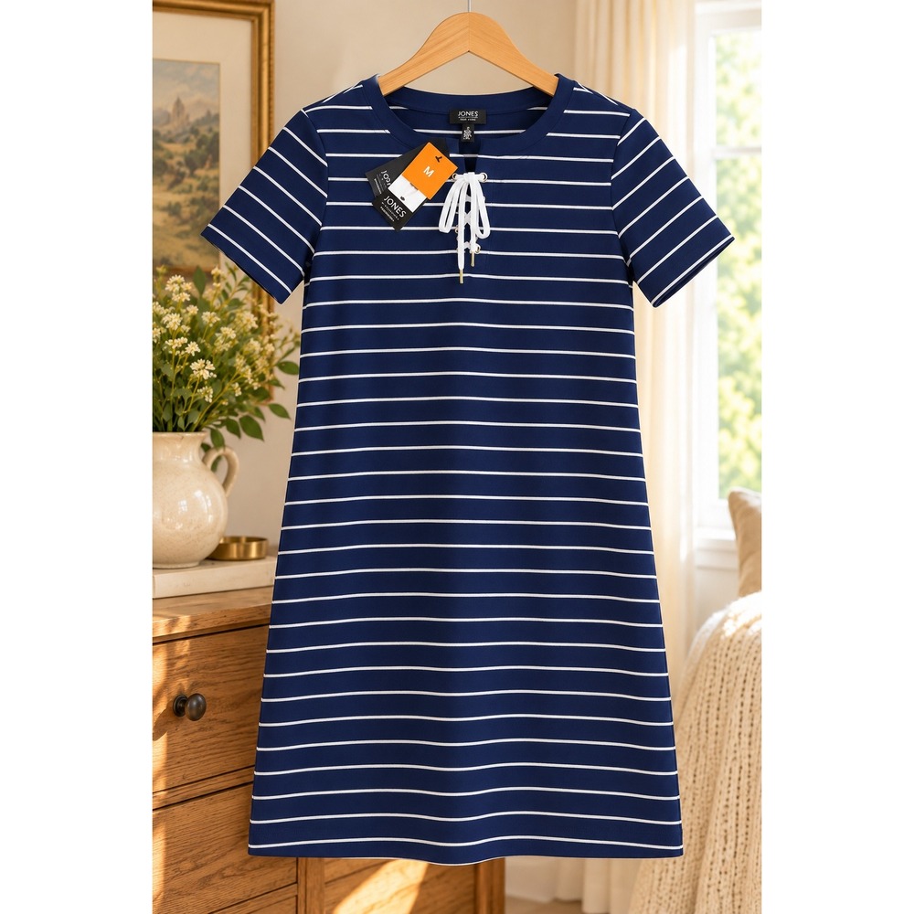 Jones New York Signature Navy White Striped Lace Up Cotton Shift Dress M NEW